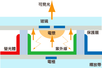 《圖三 PDP顯示原理圖(剖面結構的觀看角度)。》