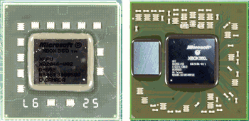 《圖一 Xbox 360中的IBM CPU(左)和ATI GPU(右圖中較大的晶片)》