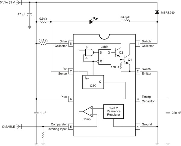 《圖一 MC33063組成了一款低成本的LED驅動器》