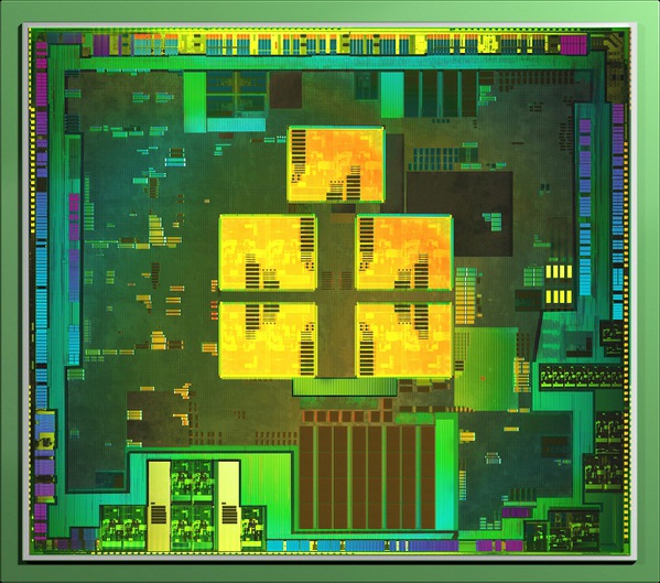 圖二 : NVIDIA Tegra 3晶片的裸晶圖,可明顯看到中間5個Cortex-A9核心,其中有1顆以低頻運作為主。(圖片來源:NVIDIA)