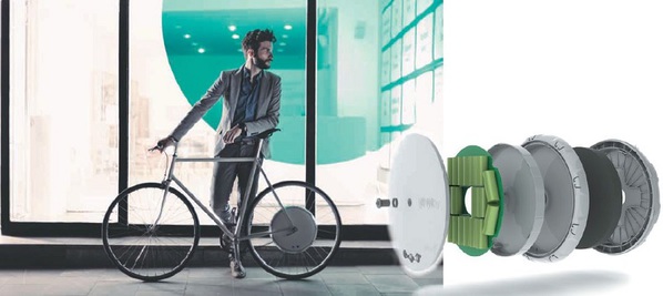 圖二 : FlyKly Smart Wheel將馬達、電池等零件體積縮小,放進輪胎中,其外觀就如同一般的自行車輪胎,可以相容至幾乎每一輛單車上,非常易於安裝。