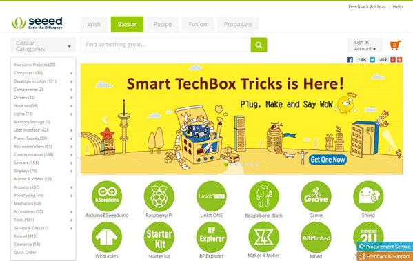 圖四 : tindie、adafruit、seeed等Maker市集性質略有不同,有些販售較底層的原件,有些提供平台,讓Maker能夠自己的產品。
