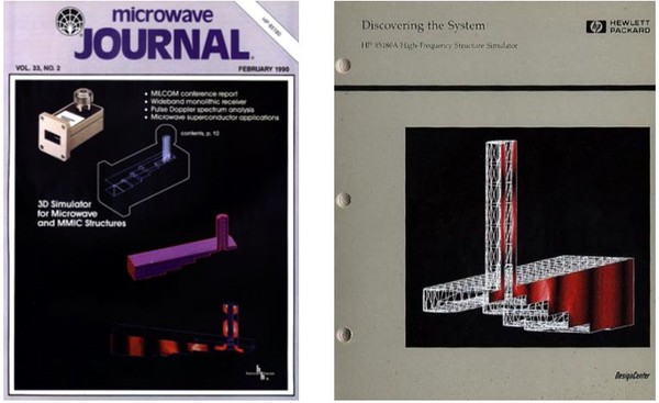 圖十 : 1990年,HFSS發布第一個版本,3D高頻結構全波模擬的時代開始了。這是在微波雜誌的廣告和惠普公司製作的HFSS產品說明,當年,在惠普高性能工作站上,即使運用對稱邊界條件,運算這樣一個同軸 / 波導轉換器也要用16個小時