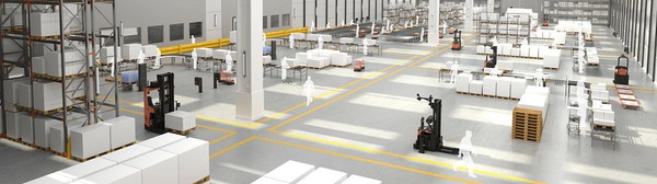 圖1 : 透過調派系統規劃AGV、堆高車動線,可讓自動化倉儲系統管理變得越來越靈活有彈性,以提高設備稼動率和生產效率、良率。(source:tmhe-media.azureedge.ne)