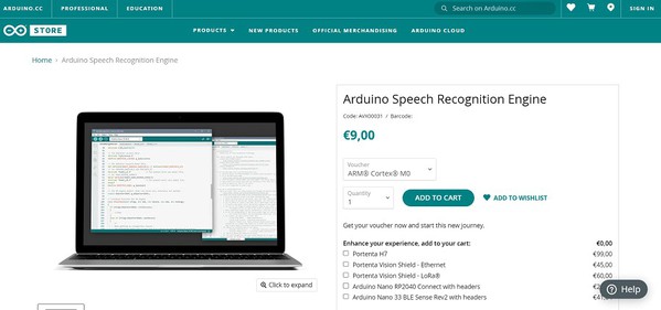 圖一 : Arduino官方銷售9歐元的語音識別引擎(圖片來源:Arduino官網)