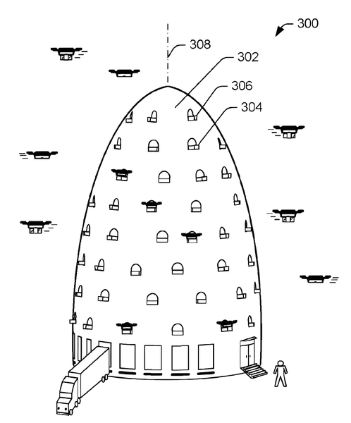 圖四 : Amazon設計具有朝物流中心頂部匯聚的多層物流中心。(source:美國專利公告號US9777502B2)