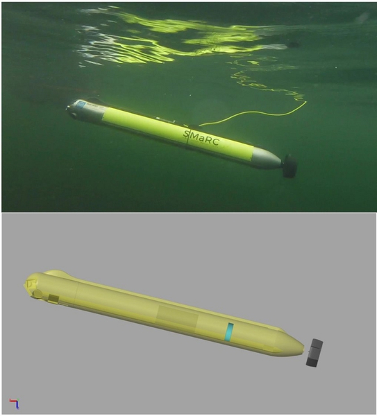 圖1 : SAM AUV(上)和其3D圖示(下)。SAM是由瑞典皇家理工學院的海洋機器人中心所設計。
