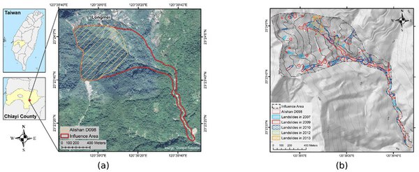 圖七 : :(a)阿里山D098影響區位置;(b)歷年滑坡面積。(source:MDPI Journals)