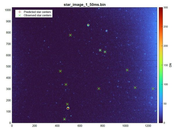 圖五 : 御夫座(constellation Auriga)的LunaH-Map恆心追中器影像,標記處代表由KinetX軟體為位態判定的所選擇的恆星。