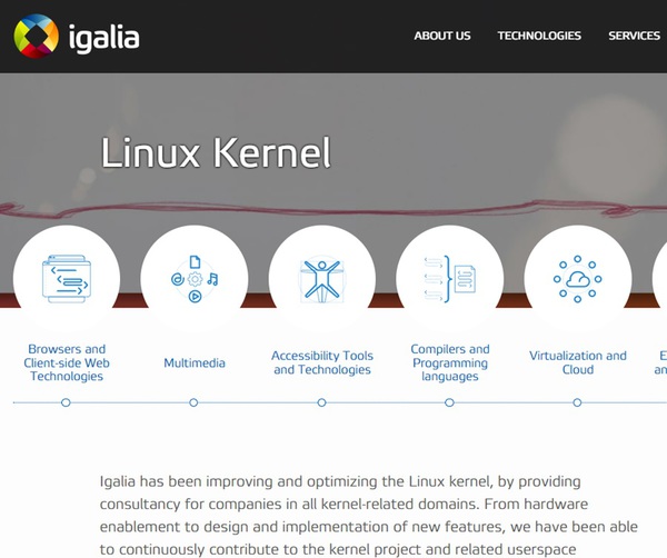 圖二 : Igalia公司官網強調該公司擅長的多項技術中,Linux核心效能提升也是其一(圖片來源:Igalia)