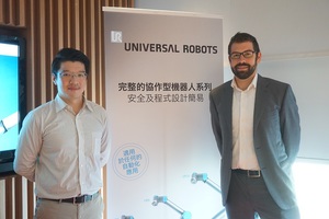 Universal Robots亚太区技术支援部门负责人Andrew Pether(图右)表示,Universal Robots+平台可提供客户在配件上有选择弹性。