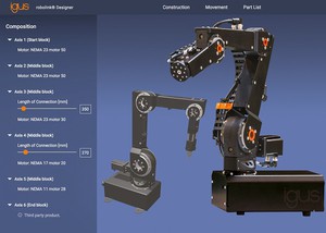 透过新的「robolink 设计系统」,用户可以在简单好上手的CAD介面上逐步选择其需要的部件,从第一轴开始快速、轻松地配置自己的机械手臂。 Martin Raak表示:「机械手臂的长度是可调的,可适应相应的工作区域。该软体也可以在平板电脑中使用,可视觉类比旋转关节的运动。」在配置完成后,会直接向igus发出零件清单的需求。
