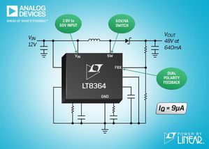 ADI 的 2MHz 升壓 / SEPIC / 負壓輸出轉換器內建4A、60V 電源開關和 9μA IQ