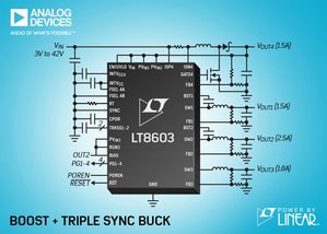3V 至 42V 輸入,42V四組輸出包含三組單晶同步降壓轉換器和一組升壓控制器。