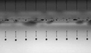 喷墨监测分析(Dropwatching): 由DMK 33GP031 GigE黑白工业相机拍摄纪录之喷墨时基误差(jitter)影像。
