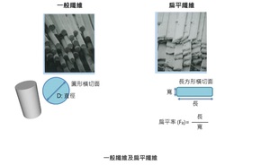 近來日本東京的紡織品及玻璃纖維製造商Nitto Boseki (NITTOBO)研發出扁平纖維技術,扁纖的橫切面較接近長方形,其扁平率(FR)的計算方式為長除以寬
