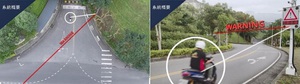 资策会系统所在经济部及交通部的支持下,联手台湾产、学单位,共同研发「智慧机车安全警示系统」,帮助行驶在交叉路囗的车辆,透过路边警示标志提醒左侧有来车(左图),及早知道前方路况(右图)。