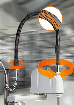 適用於SCARA機器人的新型igus電纜導向裝置可防止電纜打結,加強了波紋浪管,使供能系統在高動態運動中更耐用。