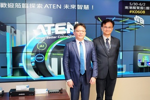 宏正自動科技今日召開ATEN COMPUTEX 2023展前媒體說明會,
資深副總經理林勇達(左)及財務長暨發言人田慶威(右)