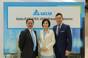 台達於日本CEATEC 2023參展,台達品牌長郭珊珊(中)、台達永續長周志宏(左)與台達東北亞區總經理華健豪出席開展記者會。