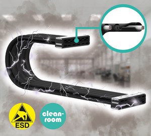 为实现安全、低发尘的ESD敏感零件生产,igus开发扁平无尘拖链e-skin flat抗静电版本,可以快速更换电线电缆。(source:igus GmbH)