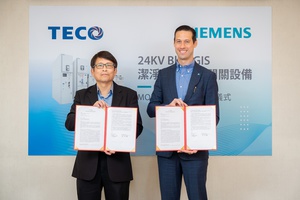 東元智慧能源事業群張松鑌總經理(左)與台灣西門子智慧基礎建設總監Fabian Bergeron代表簽署MOU