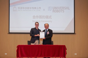 筑波科技與Universal Robots 簽訂合作協議,左為UR亞太區總裁蘇璧凱(Adam Sobieski)、右為筑波科技董事長許深福;圖二為筑波科技與UR將共同推動協作型機器人自動化整合測試方案。